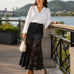 Women's High-Waisted Maxi Skirt with Floral Lace Hem – Elegant Summer Skirt for Occasions
