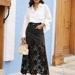 Women's High-Waisted Maxi Skirt with Floral Lace Hem – Elegant Summer Skirt for Occasions