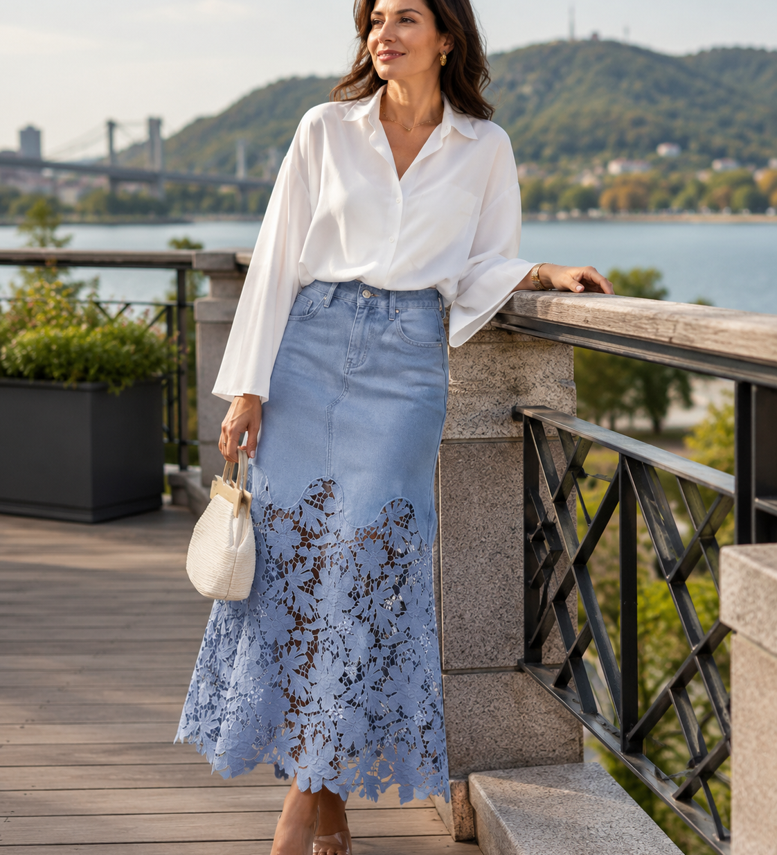 Women's High-Waisted Maxi Skirt with Floral Lace Hem – Elegant Summer Skirt for Occasions