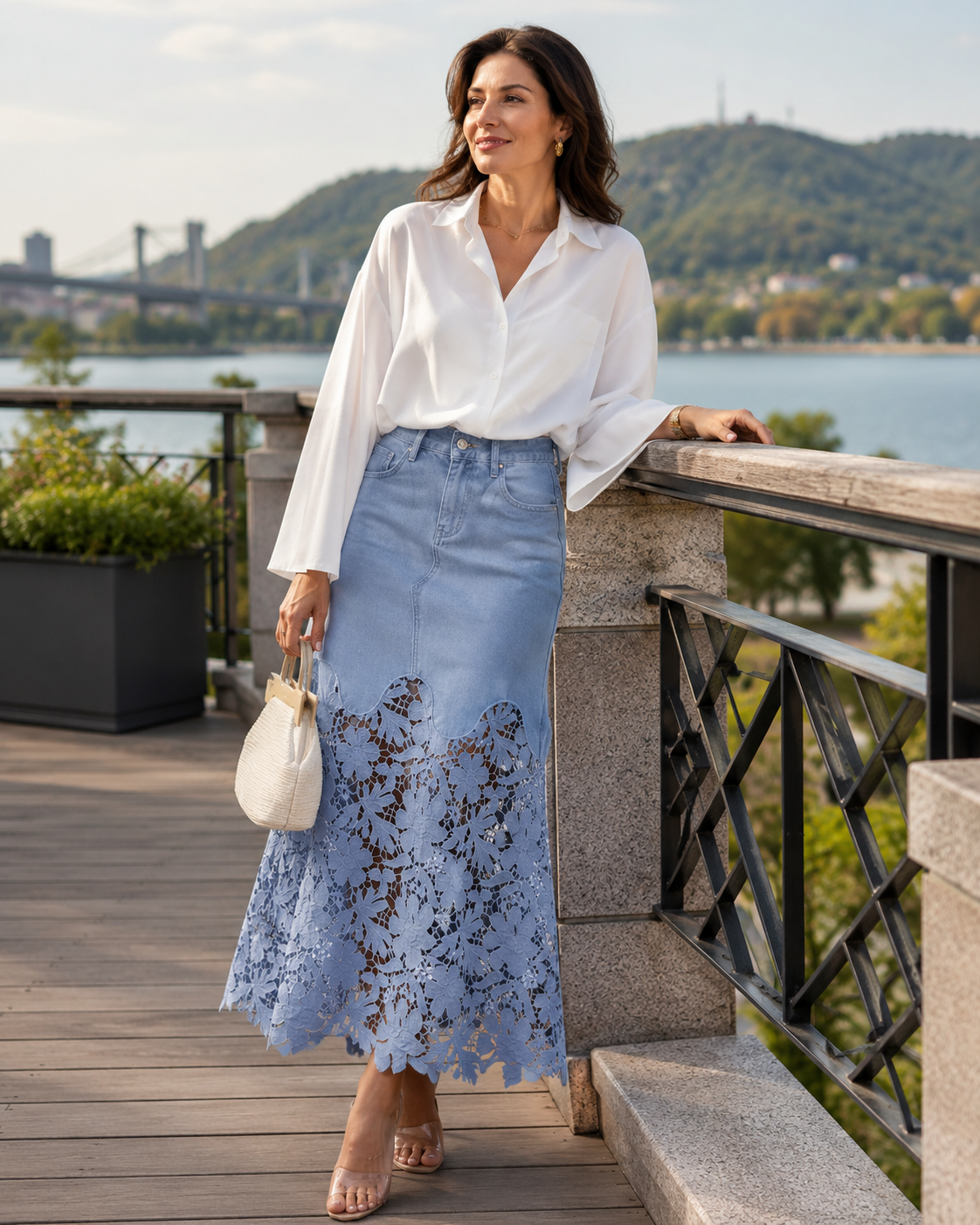 Women's High-Waisted Maxi Skirt with Floral Lace Hem – Elegant Summer Skirt for Occasions