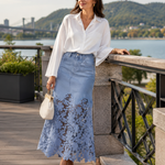 Women's High-Waisted Maxi Skirt with Floral Lace Hem – Elegant Summer Skirt for Occasions