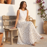 Women's Pleated Floral Maxi Skirt with Elastic Waist – One Size Flowing Summer Skirt