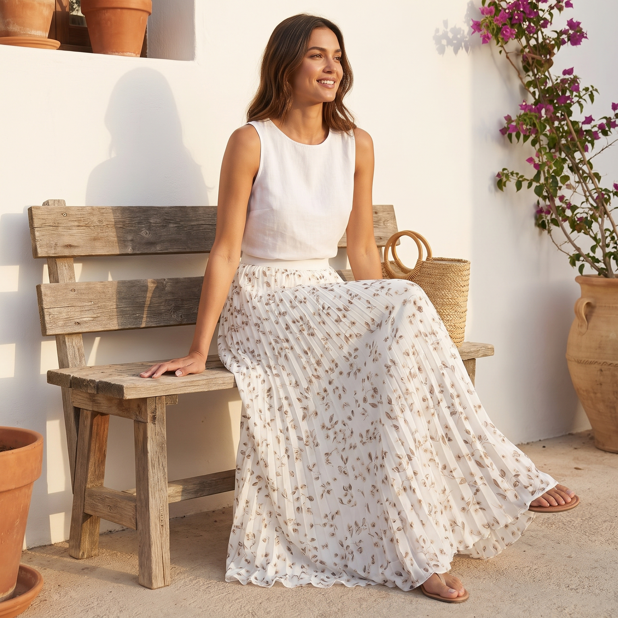 Women's Pleated Floral Maxi Skirt with Elastic Waist – One Size Flowing Summer Skirt