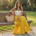 Women's Pleated Floral Maxi Skirt with Elastic Waist – One Size Flowing Summer Skirt