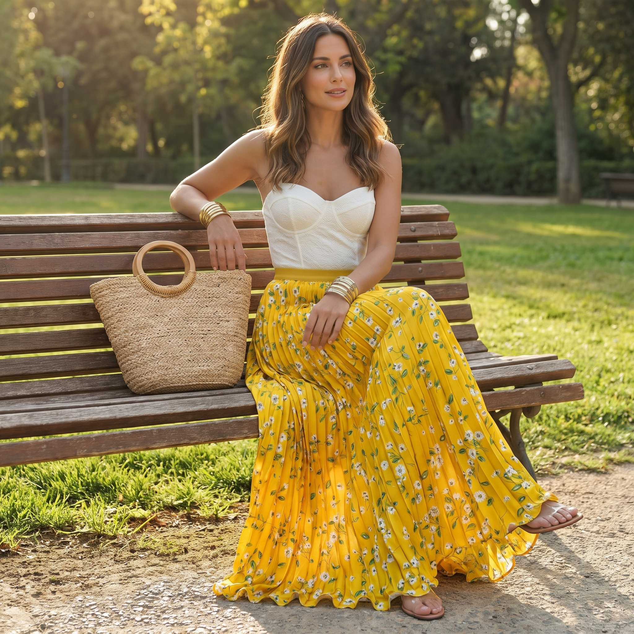 Women's Pleated Floral Maxi Skirt with Elastic Waist – One Size Flowing Summer Skirt