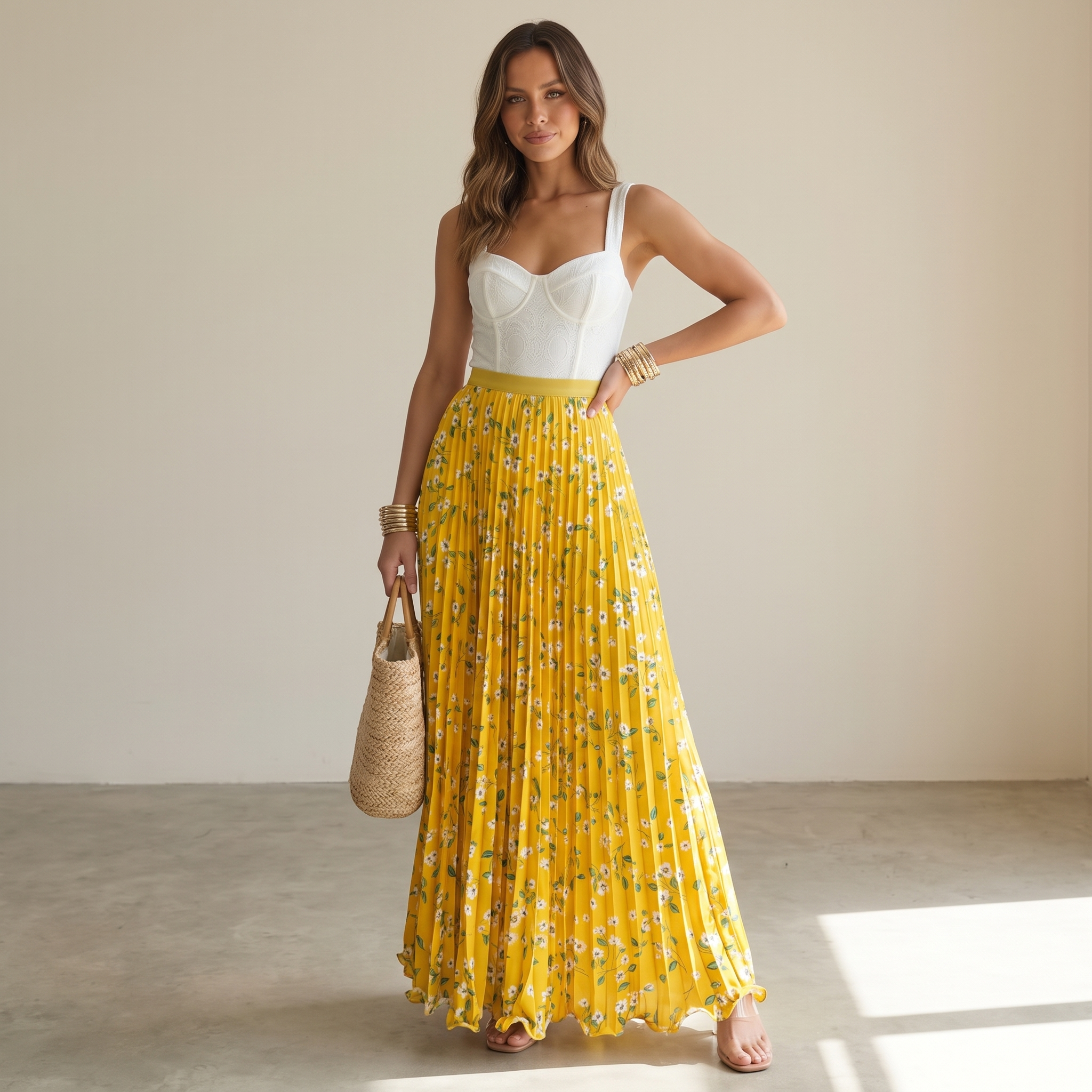 Women's Pleated Floral Maxi Skirt with Elastic Waist – One Size Flowing Summer Skirt