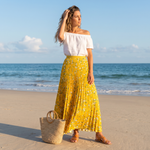 Women's Pleated Floral Maxi Skirt with Elastic Waist – One Size Flowing Summer Skirt