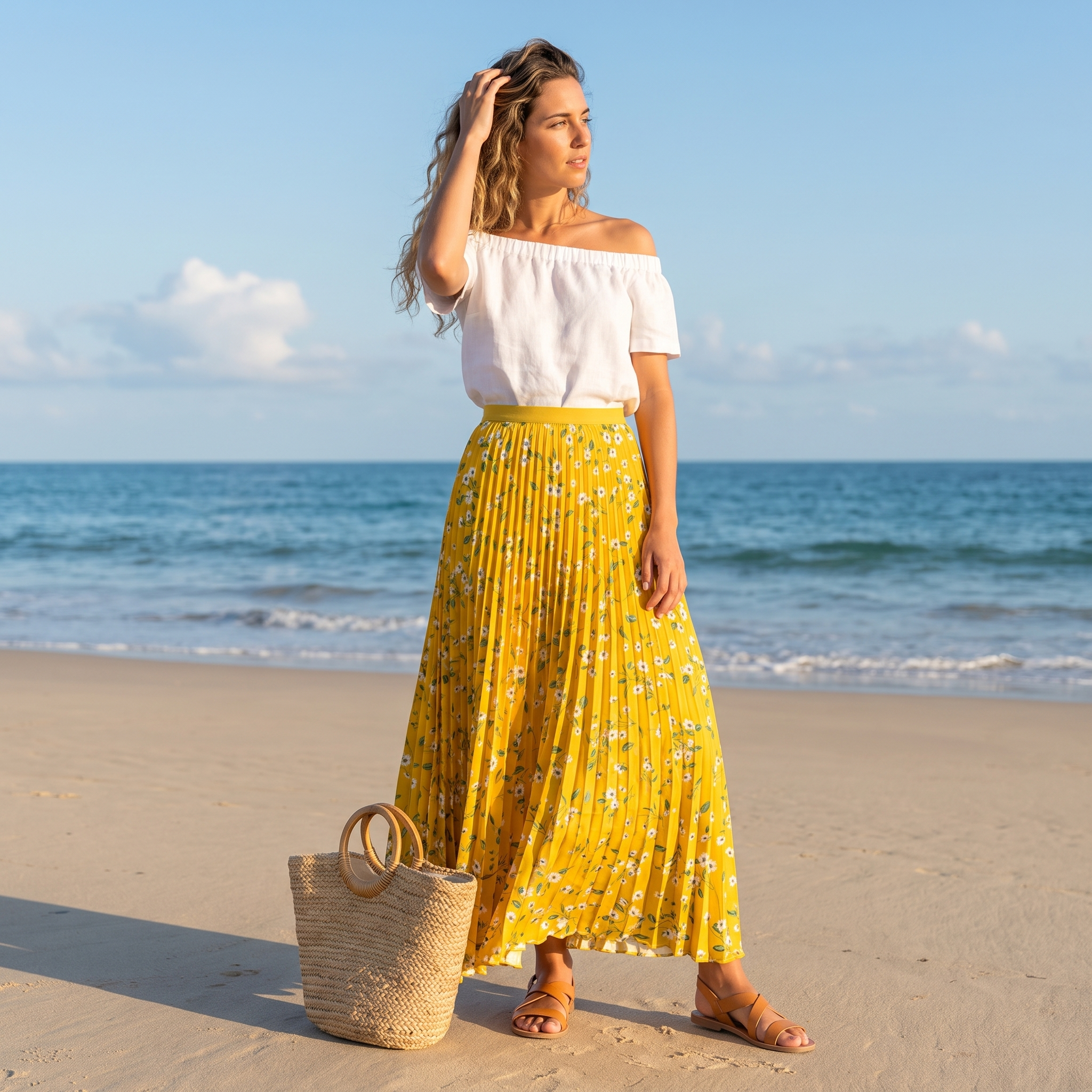 Women's Pleated Floral Maxi Skirt with Elastic Waist – One Size Flowing Summer Skirt