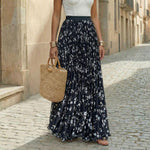 Women's Pleated Floral Maxi Skirt with Elastic Waist – One Size Flowing Summer Skirt