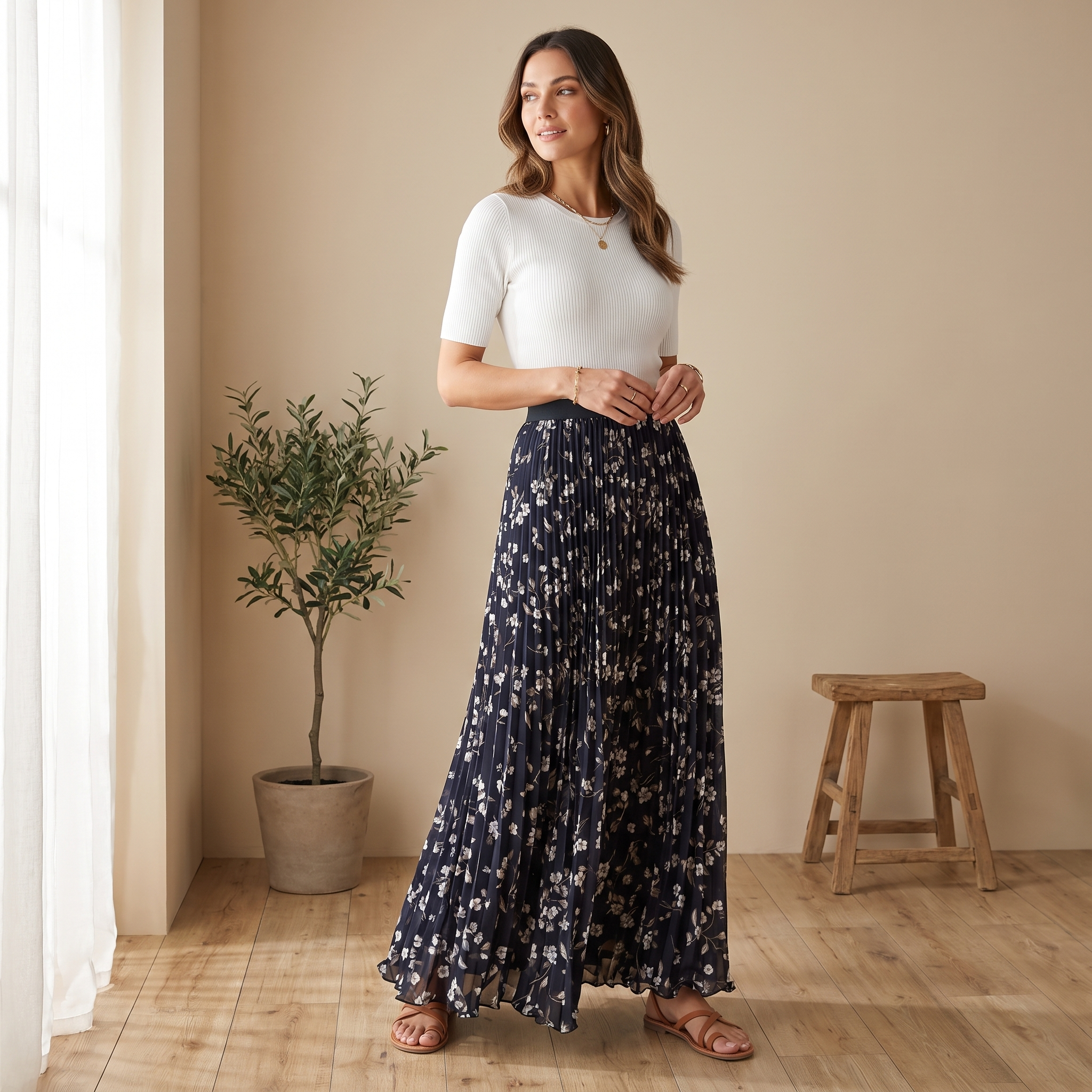 Women's Pleated Floral Maxi Skirt with Elastic Waist – One Size Flowing Summer Skirt