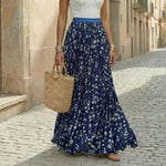 Women's Pleated Floral Maxi Skirt with Elastic Waist – One Size Flowing Summer Skirt