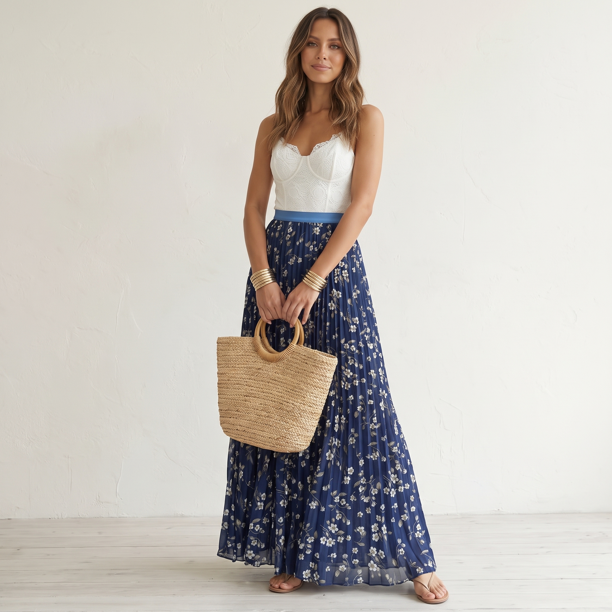 Women's Pleated Floral Maxi Skirt with Elastic Waist – One Size Flowing Summer Skirt