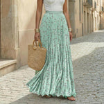 Women's Pleated Floral Maxi Skirt with Elastic Waist – One Size Flowing Summer Skirt