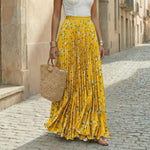 Women's Pleated Floral Maxi Skirt with Elastic Waist – One Size Flowing Summer Skirt