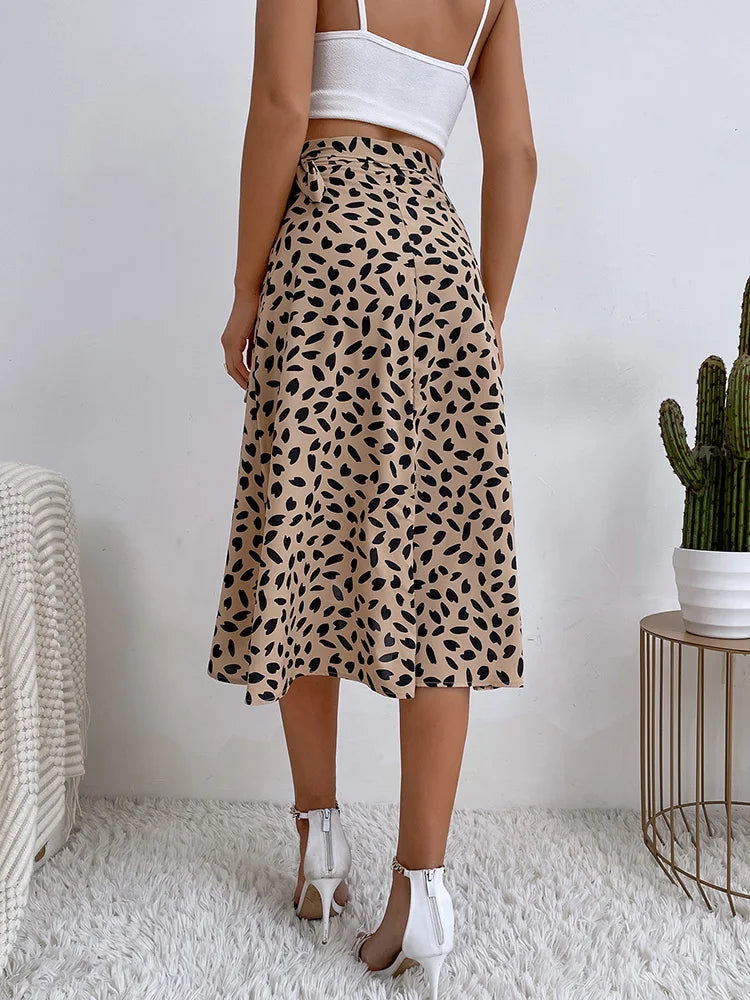 Women's Animal Print Wrap Midi Skirt with Tie Waist – Asymmetric Hem Skirt for Brunch & Holidays