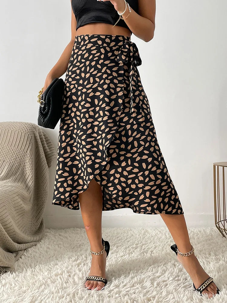 Women's Animal Print Wrap Midi Skirt with Tie Waist – Asymmetric Hem Skirt for Brunch & Holidays