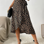 Women's Animal Print Wrap Midi Skirt with Tie Waist – Asymmetric Hem Skirt for Brunch & Holidays