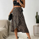 Women's Animal Print Wrap Midi Skirt with Tie Waist – Asymmetric Hem Skirt for Brunch & Holidays