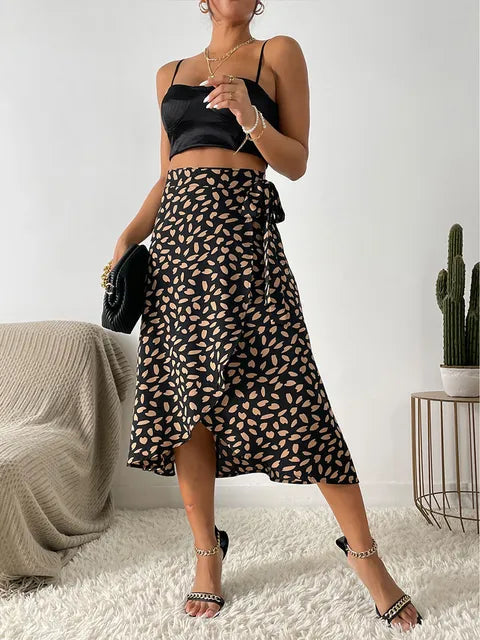 Women's Animal Print Wrap Midi Skirt with Tie Waist – Asymmetric Hem Skirt for Brunch & Holidays