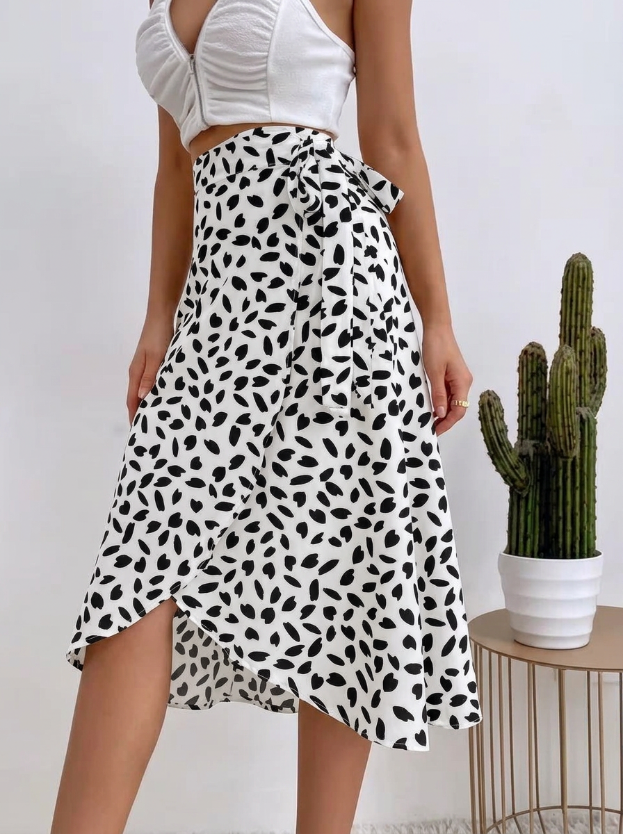 Women's Animal Print Wrap Midi Skirt with Tie Waist – Asymmetric Hem Skirt for Brunch & Holidays