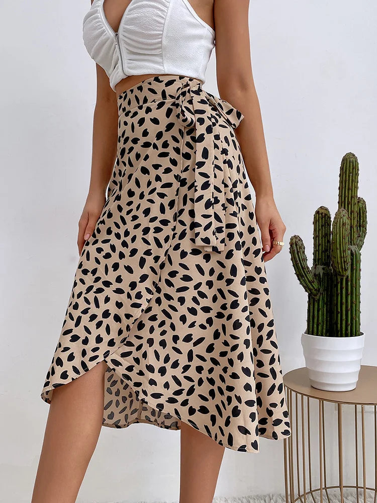 Women's Animal Print Wrap Midi Skirt with Tie Waist – Asymmetric Hem Skirt for Brunch & Holidays