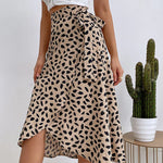Women's Animal Print Wrap Midi Skirt with Tie Waist – Asymmetric Hem Skirt for Brunch & Holidays