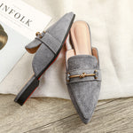 Women's Pointed Toe Slip-On Mules with Knot Buckle – Low Block Heel Shoes for Work & Weekends