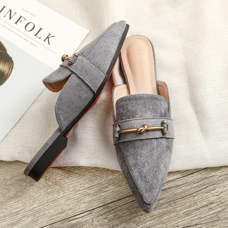 Women's Pointed Toe Slip-On Mules with Knot Buckle – Low Block Heel Shoes for Work & Weekends