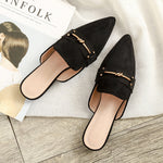 Women's Pointed Toe Slip-On Mules with Knot Buckle – Low Block Heel Shoes for Work & Weekends