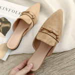 Women's Pointed Toe Slip-On Mules with Knot Buckle – Low Block Heel Shoes for Work & Weekends