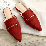 Women's Pointed Toe Slip-On Mules with Knot Buckle – Low Block Heel Shoes for Work & Weekends