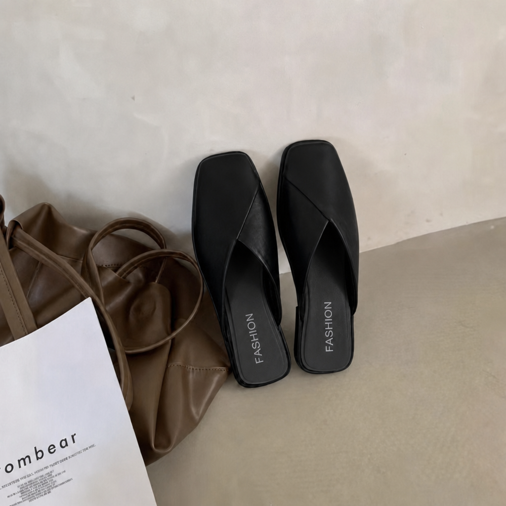 Women's Square Toe Slip-On Mules with Crossover Strap – Flat Summer Shoes