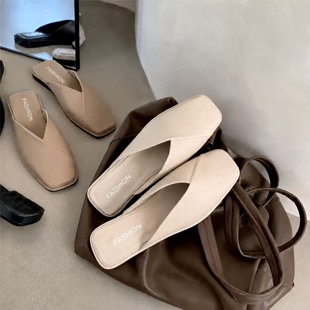 Women's Square Toe Slip-On Mules with Crossover Strap – Flat Summer Shoes