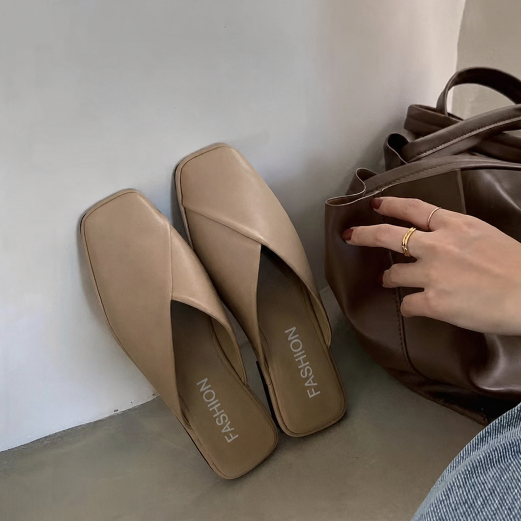 Women's Square Toe Slip-On Mules with Crossover Strap – Flat Summer Shoes