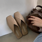 Women's Square Toe Slip-On Mules with Crossover Strap – Flat Summer Shoes