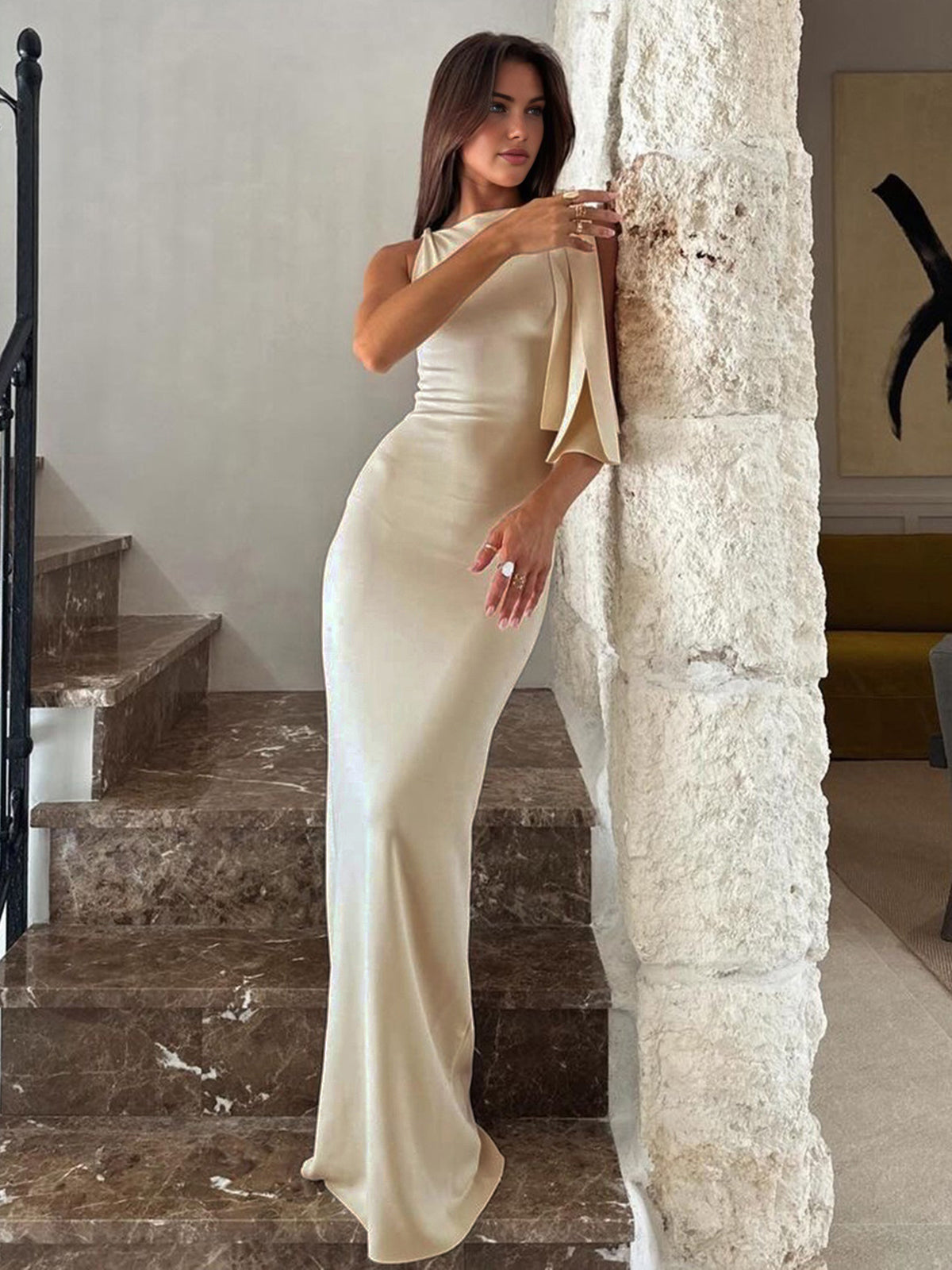Women's One Shoulder Maxi Dress with Bow Detail – Formal Evening Gown for Weddings & Galas