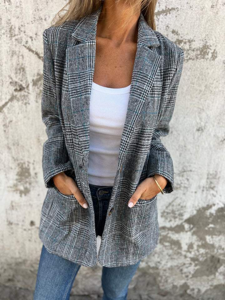 Women's Oversized Houndstooth Blazer – Notched Lapel Button Front Relaxed Jacket