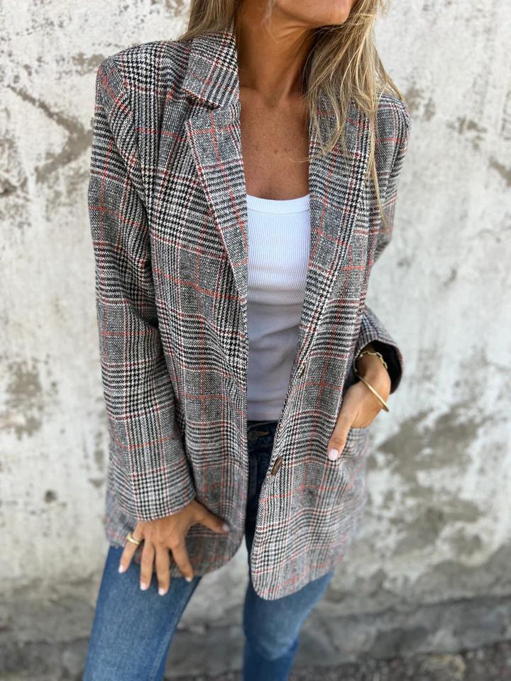 Women's Oversized Houndstooth Blazer – Notched Lapel Button Front Relaxed Jacket