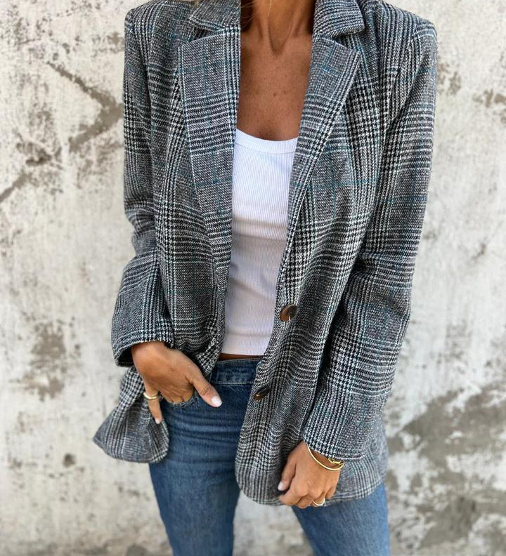 Women's Oversized Houndstooth Blazer – Notched Lapel Button Front Relaxed Jacket