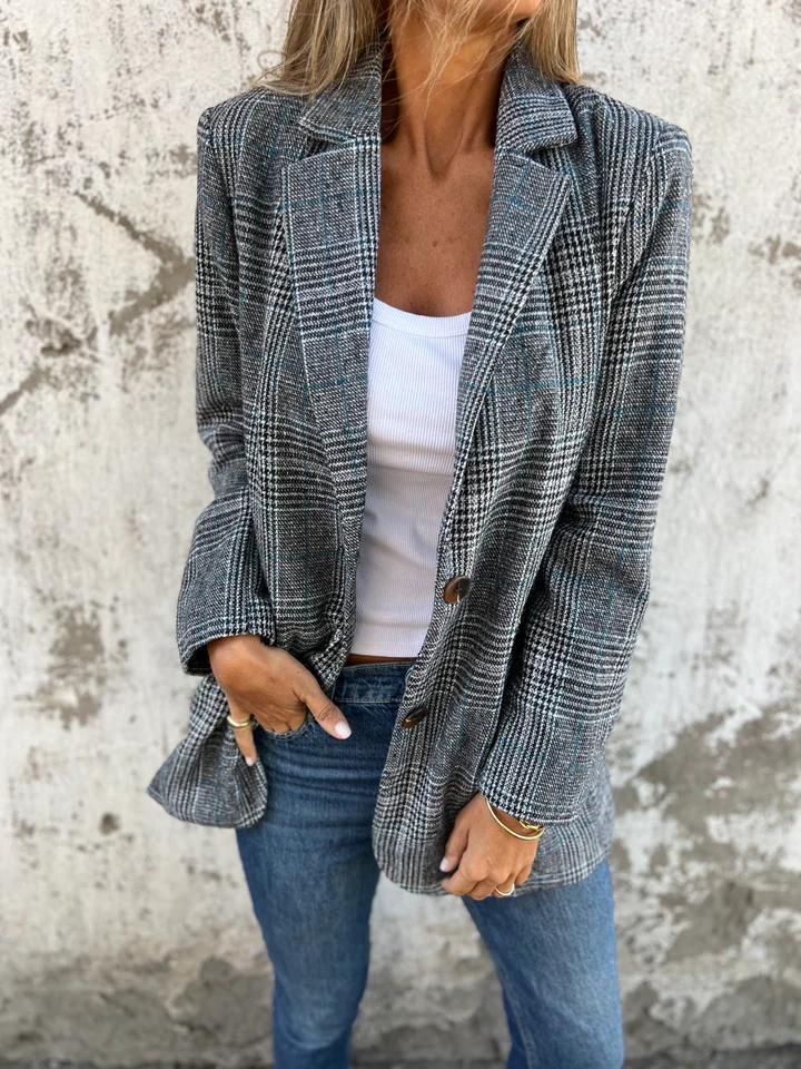 Women's Oversized Houndstooth Blazer – Notched Lapel Button Front Relaxed Jacket
