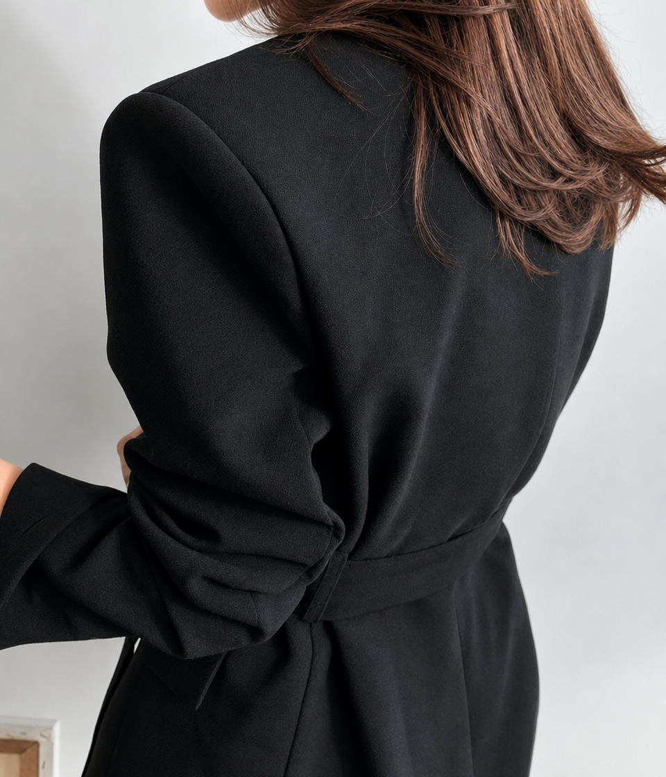 Women's Oversized Longline Blazer with Plunge Neckline & Tie Belt – Evening Blazer Dress