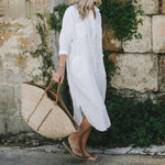Women's White Oversized Maxi Shirt Dress with Chest Pocket – Beach Cover-Up and Casual Dress
