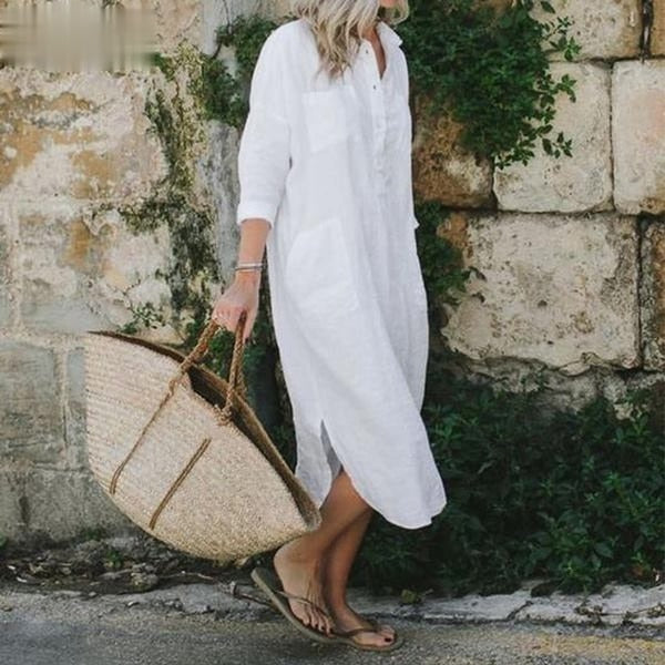 Women's White Oversized Maxi Shirt Dress with Chest Pocket – Beach Cover-Up and Casual Dress