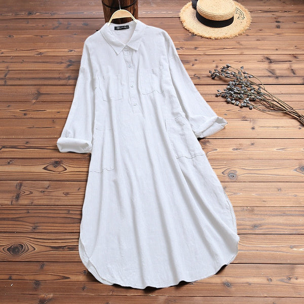 Women's White Oversized Maxi Shirt Dress with Chest Pocket – Beach Cover-Up and Casual Dress