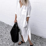 Women's White Oversized Maxi Shirt Dress with Chest Pocket – Beach Cover-Up and Casual Dress