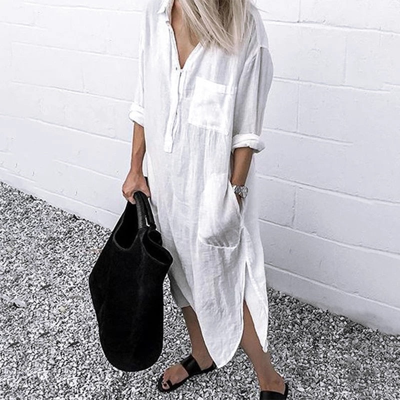 Women's White Oversized Maxi Shirt Dress with Chest Pocket – Beach Cover-Up and Casual Dress