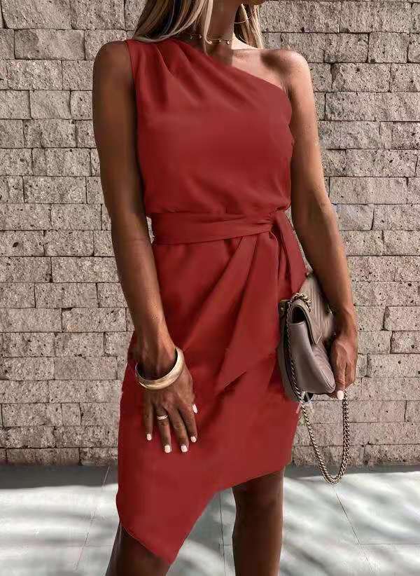 Women's One-Shoulder Tie Waist Midi Dress – Draped Party Dress for Cocktails & Wedding Guests