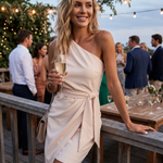 Women's One-Shoulder Tie Waist Midi Dress – Draped Party Dress for Cocktails & Wedding Guests