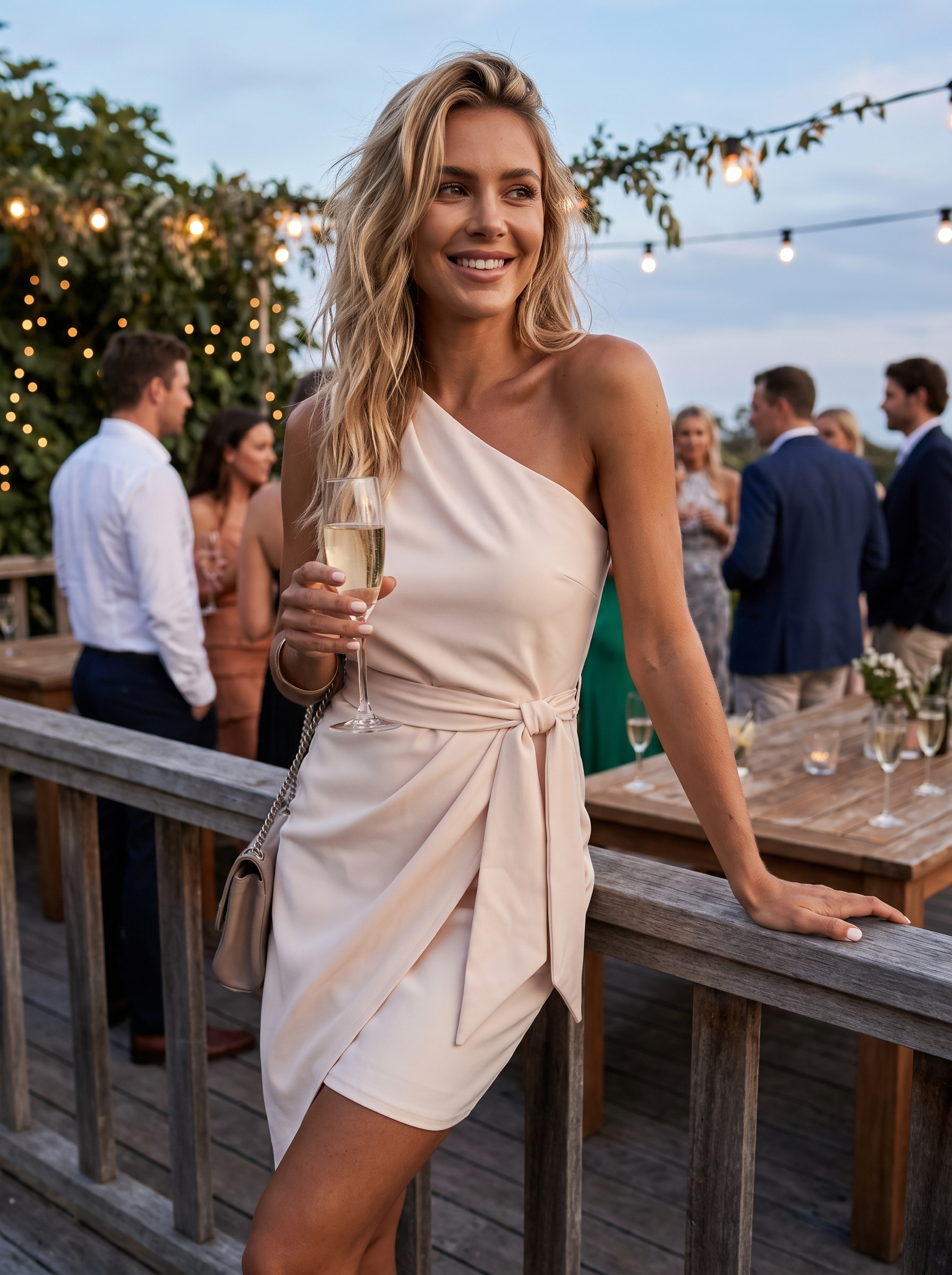 Women's One-Shoulder Tie Waist Midi Dress – Draped Party Dress for Cocktails & Wedding Guests