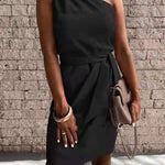 Women's One-Shoulder Tie Waist Midi Dress – Draped Party Dress for Cocktails & Wedding Guests